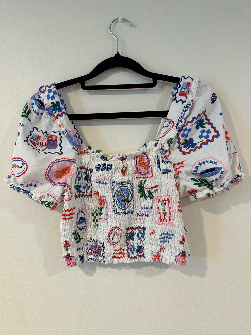 Monteau White Smocked Crop Top with Red, Blue, Green & Pink Stamp Print